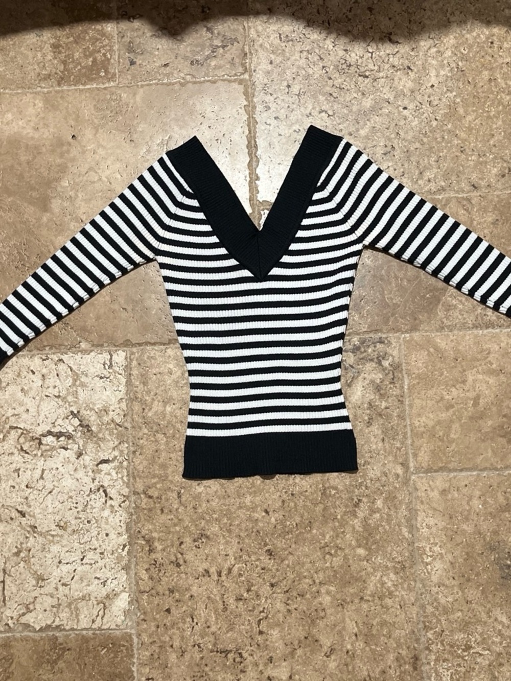Vintage Black & White Striped V-Neck Ribbed Sweater